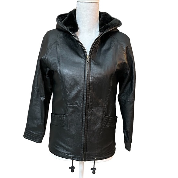 Great White Bear Black Leather Shearling Jacket - Size S - Picture 2 of 7